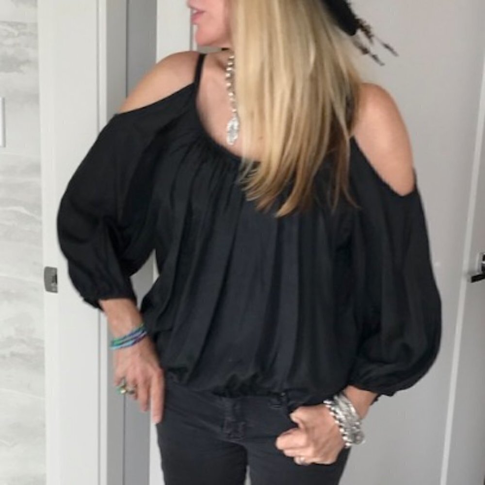 LISA BROWN Australian Designer black cold shoulder spaghetti strap Blouse S US 6